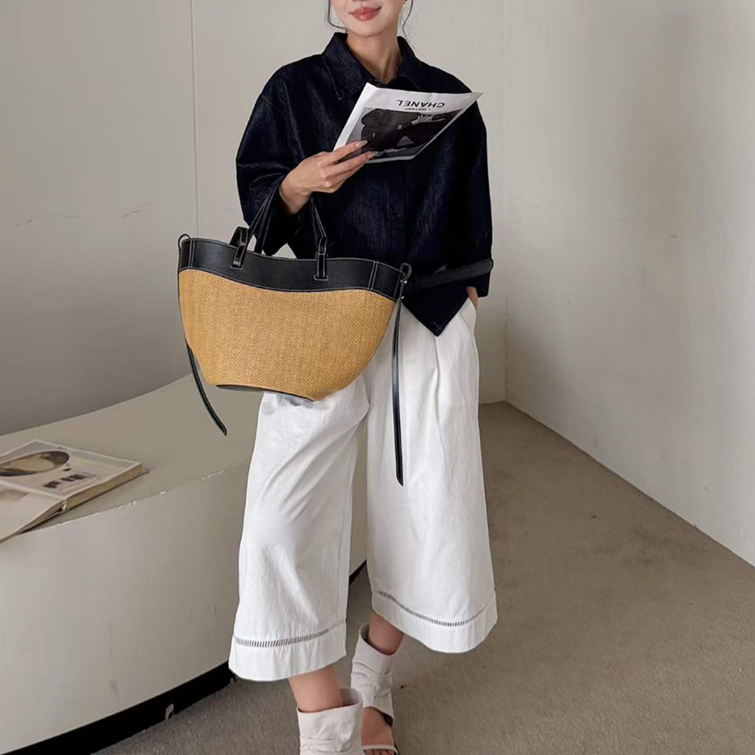 Women'S Raffia Bags - Sac fourre-tout en cuir véritable Mendy